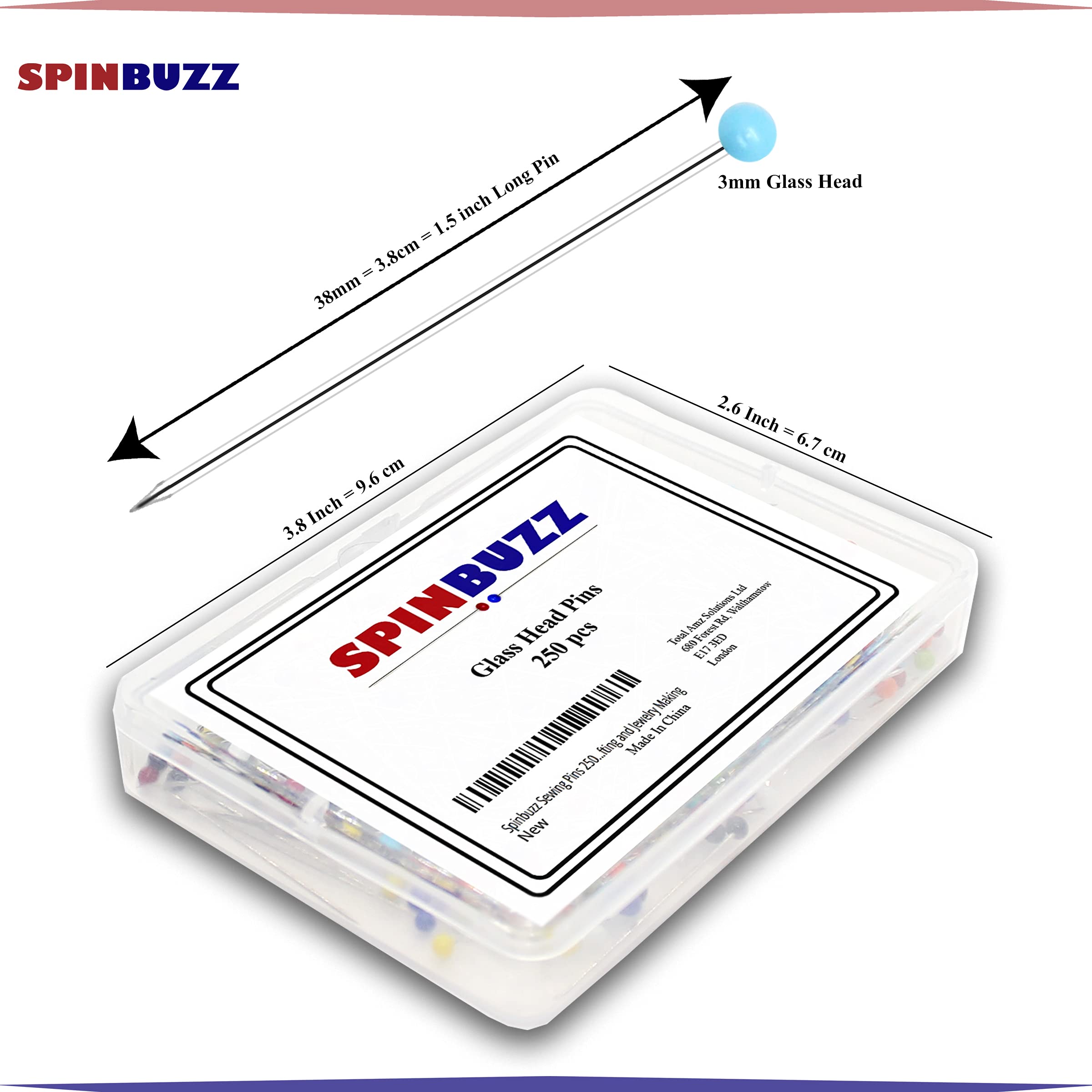 SPINBUZZ Sewing Pins with Glass Heads 250 Pieces - 38 mm Long, Straight for Dressmaking, Quilting, Jewellery & Crafts