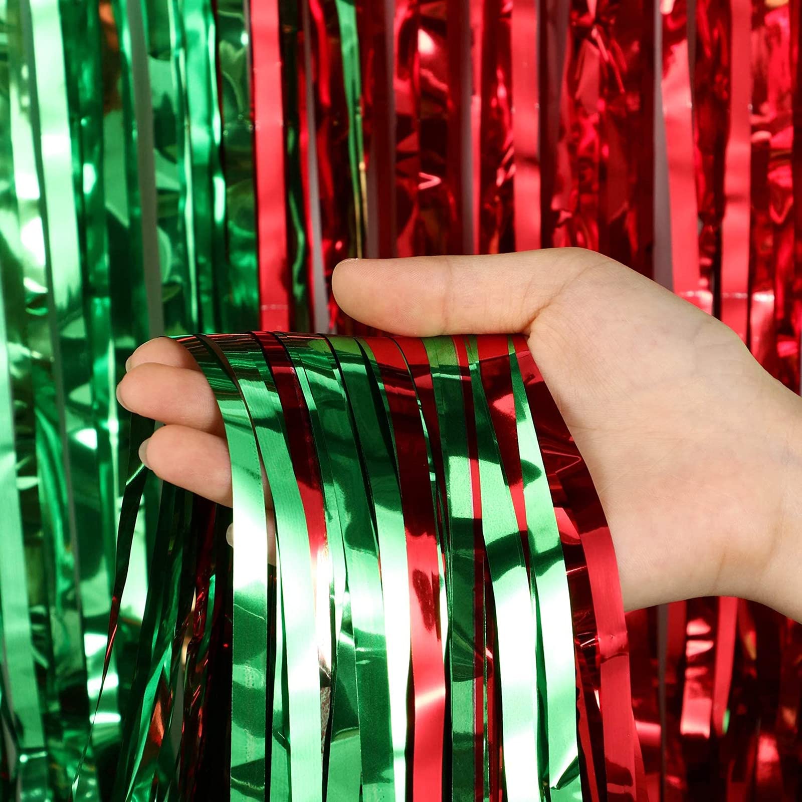 2pcs 3.2ft x 6.5ft Foil Curtain Decorations,Red and Green Tinsel Foil Fringe Curtains Streamers Backdrop for Christmas Party Photo Backdrops Props Christmas Theme Decorations