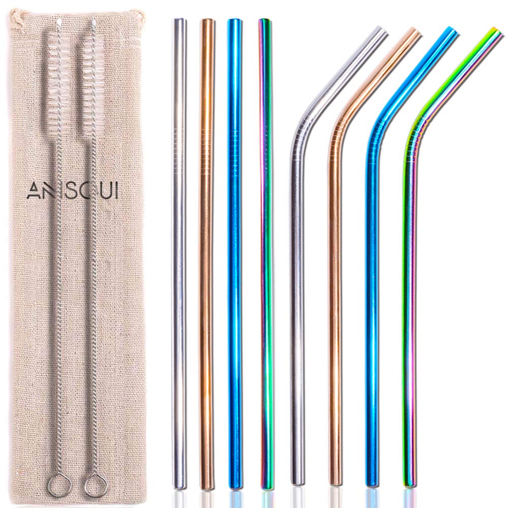 AniSqui Set of 8 Reusable Metal Straws and Cleaner, 8.5'' Coloured Stainless Steel Straws Reusable, (4 Straight and 4 Bent and 2 Brushes Reusable Straws Drinking)