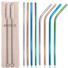 AniSqui Set of 8 Reusable Metal Straws and Cleaner, 8.5'' Coloured Stainless Steel Straws Reusable, (4 Straight and 4 Bent and 2 Brushes Reusable Straws Drinking)