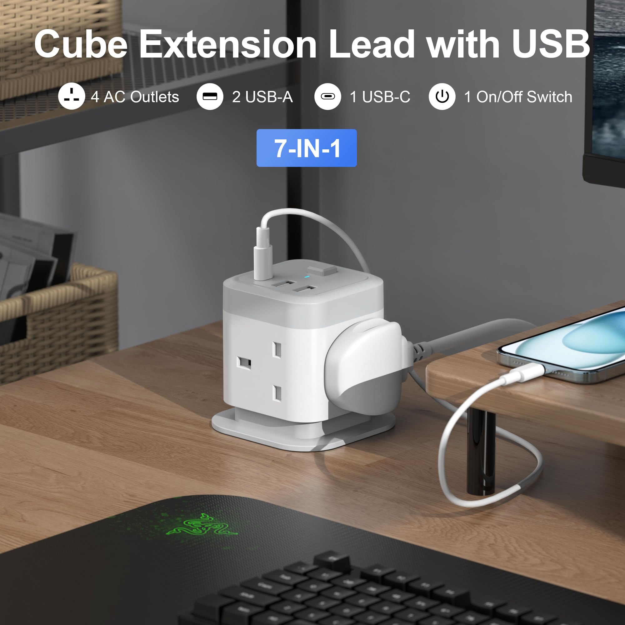 Cube Extension Lead with USB Slots, 4 Way Multi Plug with 2 USB A and 1 USB C Ports, UK Power Strip Surge Protected Extension Tower with Switch and 1.5M Cable Cord for Home, Kitchen, Office