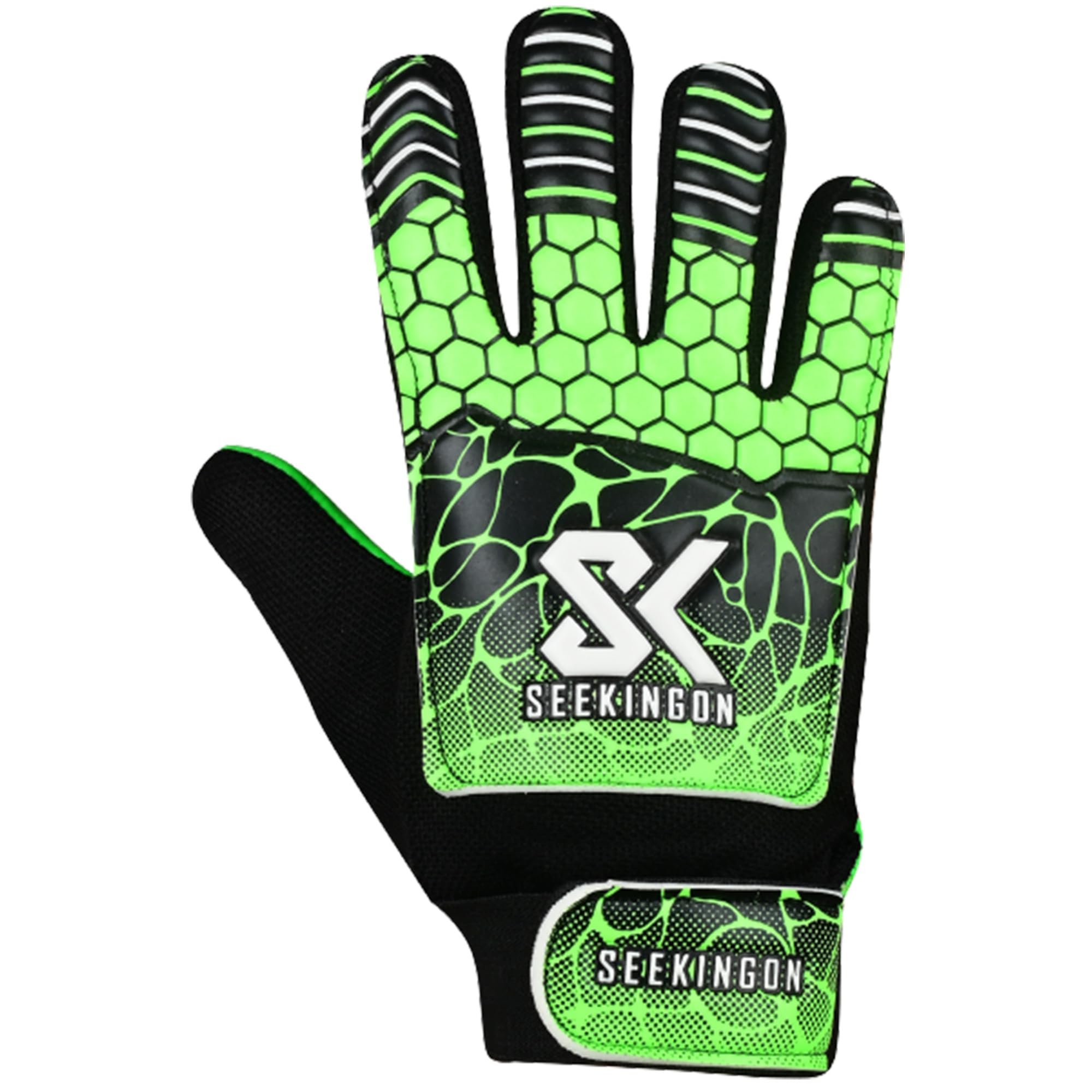 Seekingon Goalkeeper Gloves Kids, Children, Football Training Gloves with Premium Grip, Weather-resistant, Breathable, Latex Goalie Gloves Sizes 4/5/6/7 (Black/Green, 7 S-M Adult)