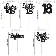 30Pcs18th Birthday Cupcake Toppers Eighteen Happy 18th Cupcake Picks Sweet 18 Cheers to 18 Cake Decorations for 18th Birthday Anniversary Party Supplies Black Glitter