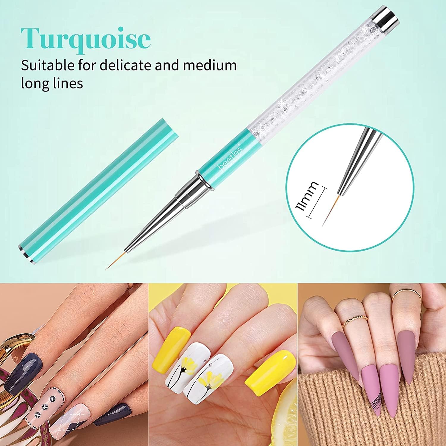 Beetles Nail Art Liner Brushes, Nail Gel Polish Painting Nail Art Design Brush Pen Set Diamond application Rhinestone Handle, Nail Dotting Painting Drawing Pen Sizes 5/7/9/11/20mm, 5Pcs