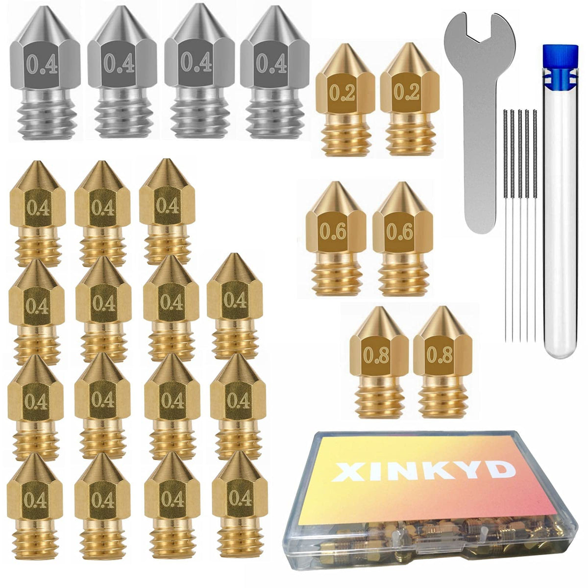 25pcs 3D Printer Nozzle, BrassandStainless Steel MK8 Nozzles for Extruder Print Head Compatible with Makerbot Creality CR-10 All Metal Hotend, Ender 3 / Ender 3 V2 / Ender 3 pro, Ender 5/5 pro/Prusa