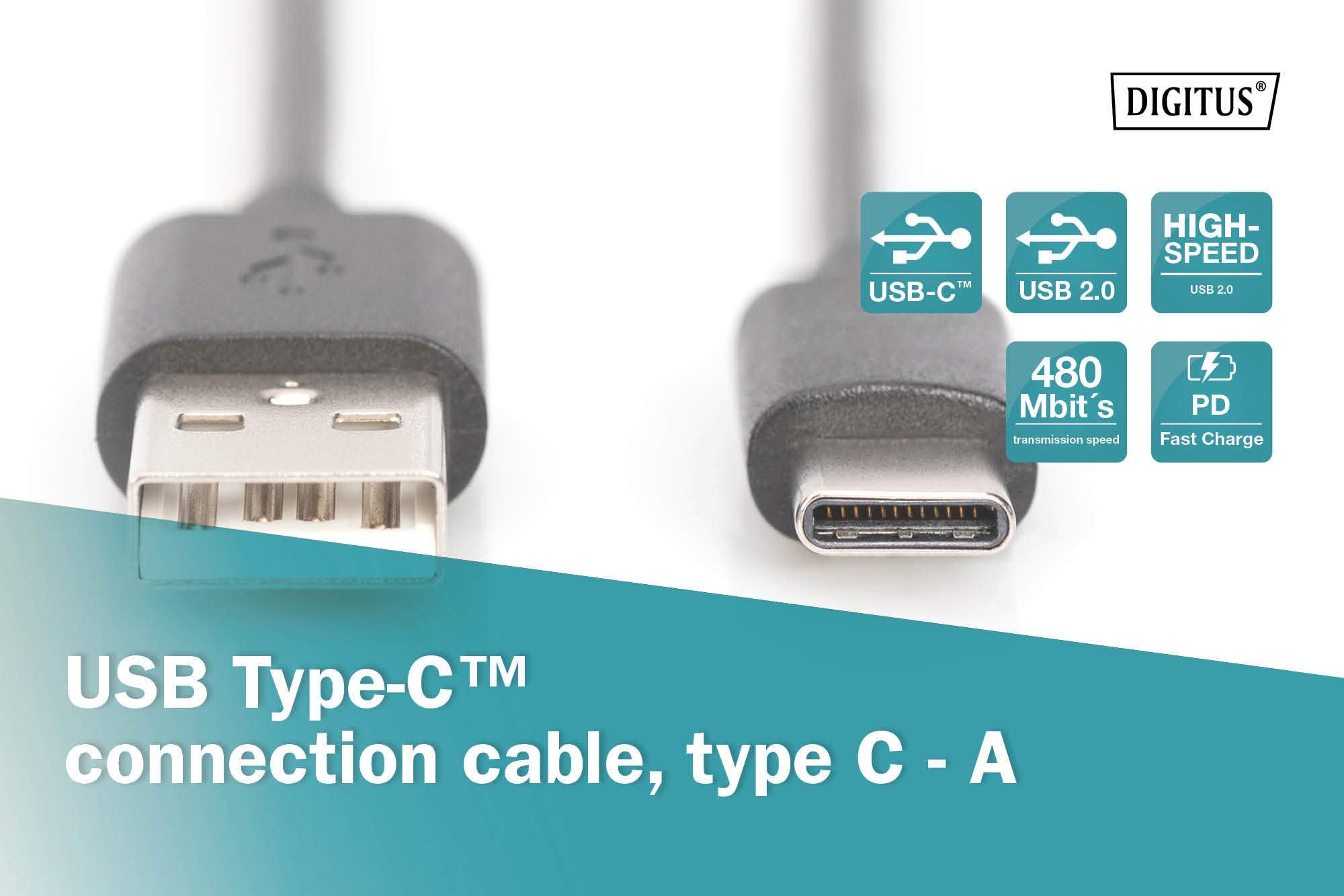 DIGITUS USB Type-C connection cable, type C to A M/M, 1.8m, 3A, 480MB, 2.0 Version, bl