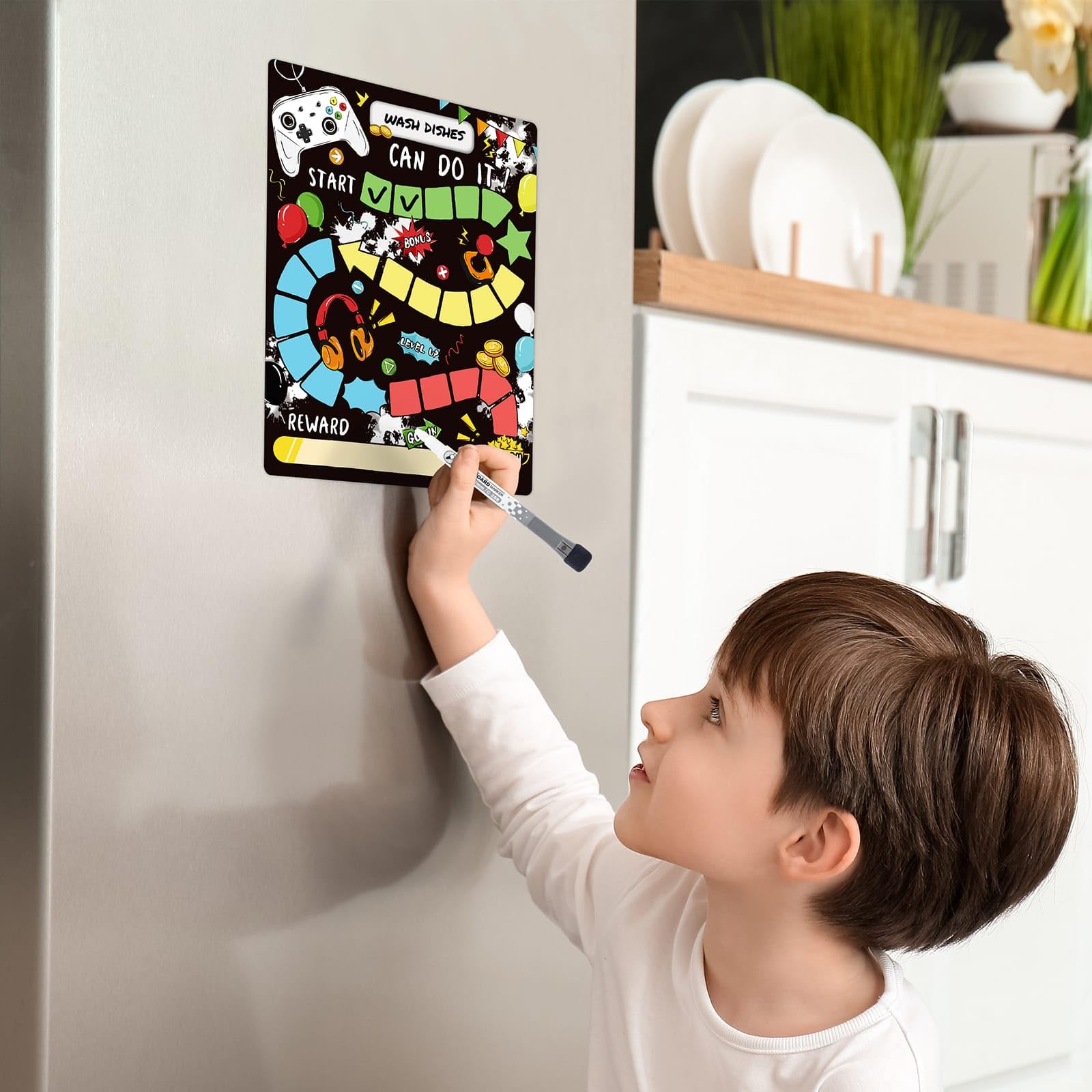 WERNNSAI Game Reward Chart for Toddler - Magnetic Chore Chart Incentive Behavior Chart with 1 Marker Reusable Dry Erase Reusable Responsibility Charts for Kids Boys Fridge Home School Supplies