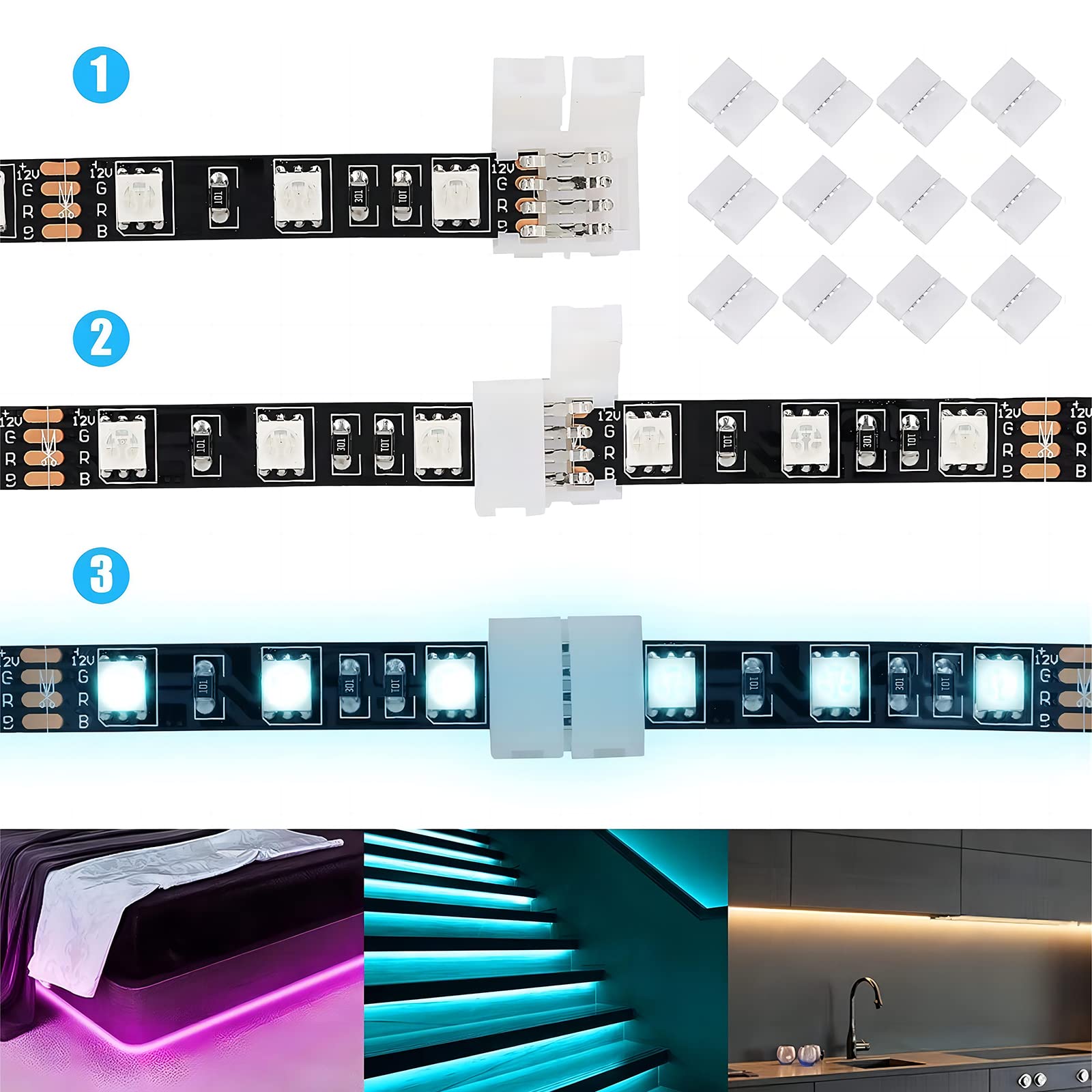 Bailinks Led Strip Light Connector Kit, 40 Pieces Led accessories, Includes Wire Clips, 4-Pin RGB Strip Lights Connector, L-Shape Connectors and Open Pry Tools for 5050 RGB Strip Light