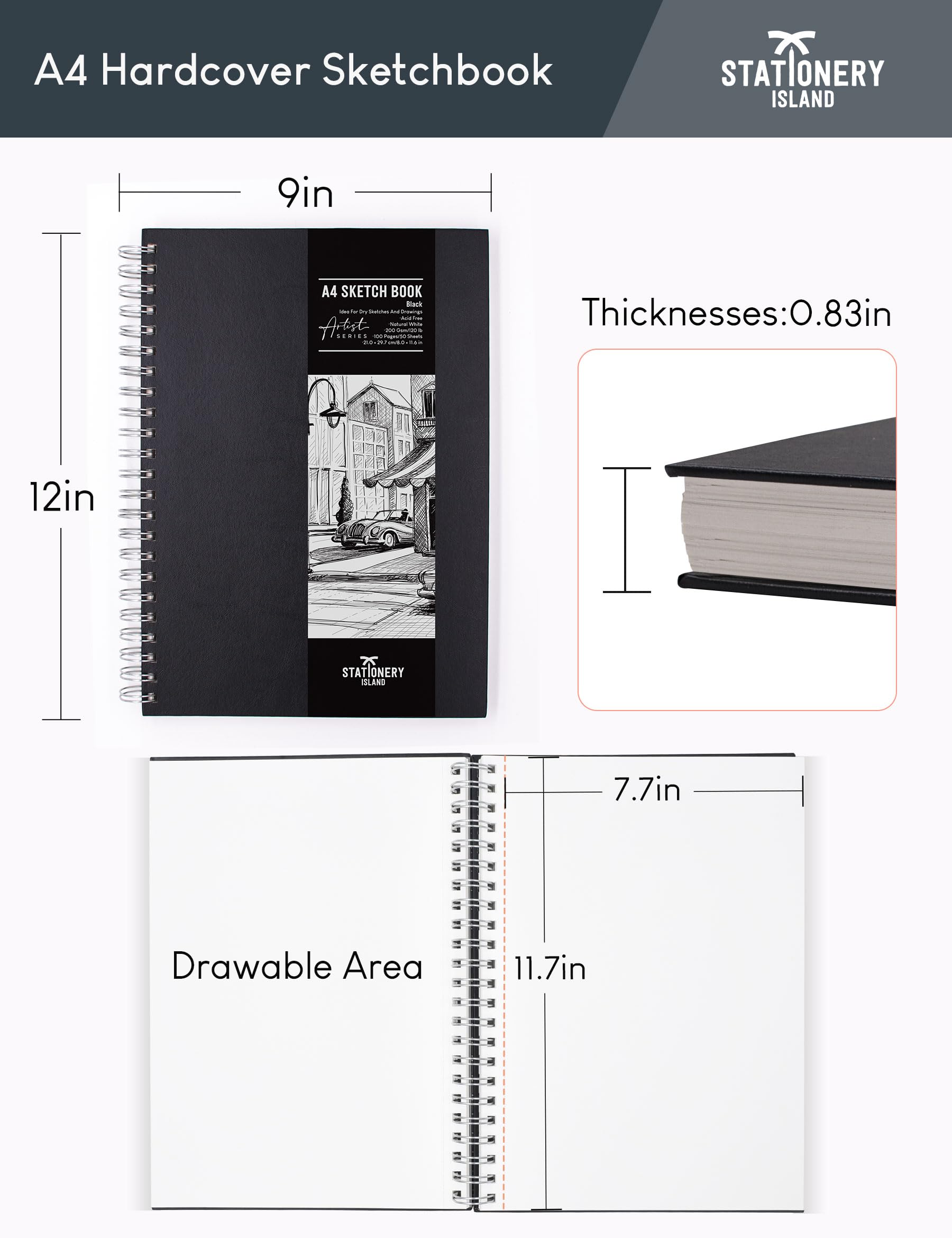 STATIONERY ISLAND A4 Sketchbook, Hardcover Sketch Book with 200GSM Thick Paper, Spiral Bound Sketch Pad A4, Drawing Pad for Sketching, Portrait, 50 Sheets / 100 Pages