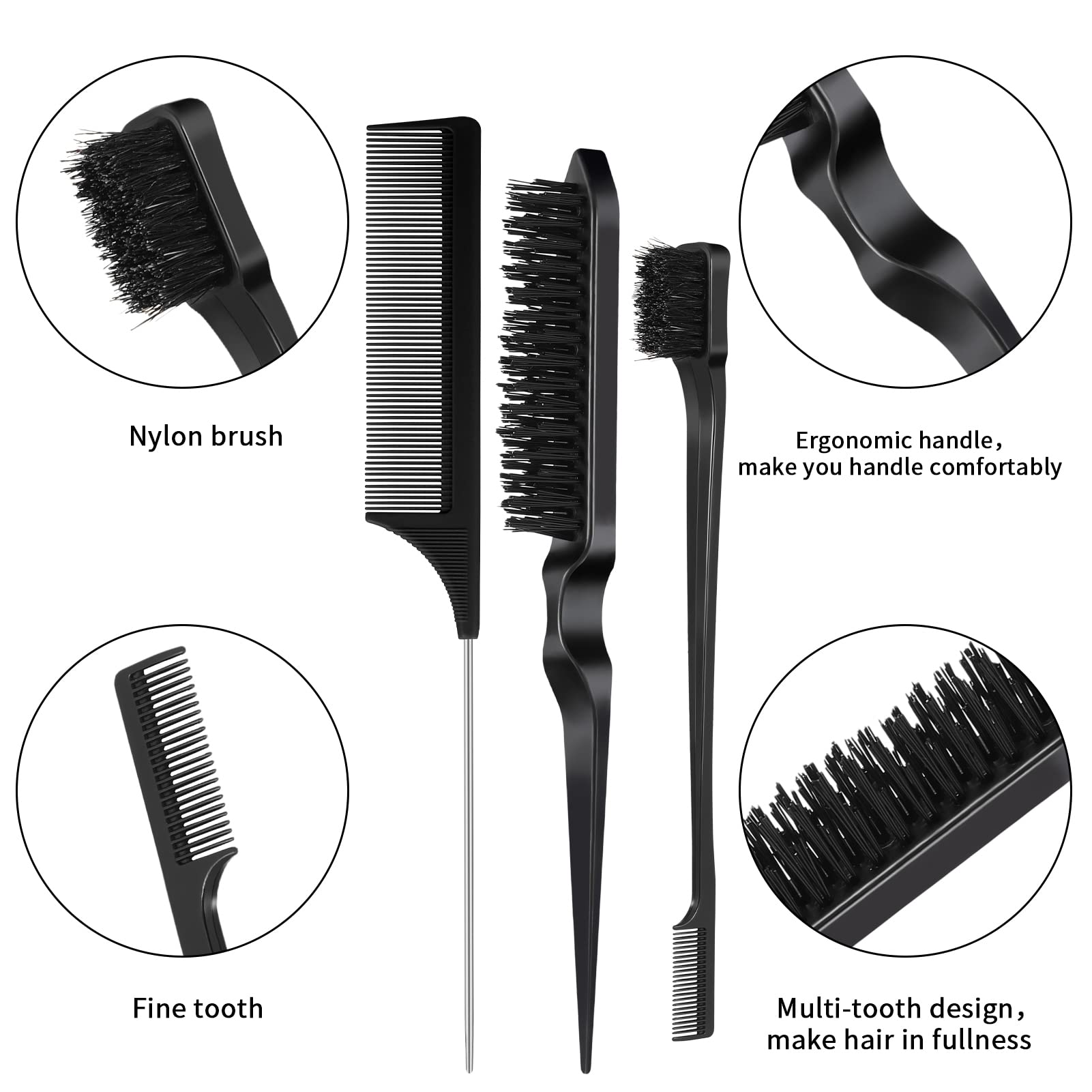 Fuyamp 3 Packs Slick Brush Set Teasing Brush Set, Plastic Bristle Hair Brush Teasing Comb Edge Hair Brush Grooming Combs Sturdy Rat Tail Comb Double Sided Edge Brush for Women Hair Salon Hair Slicking