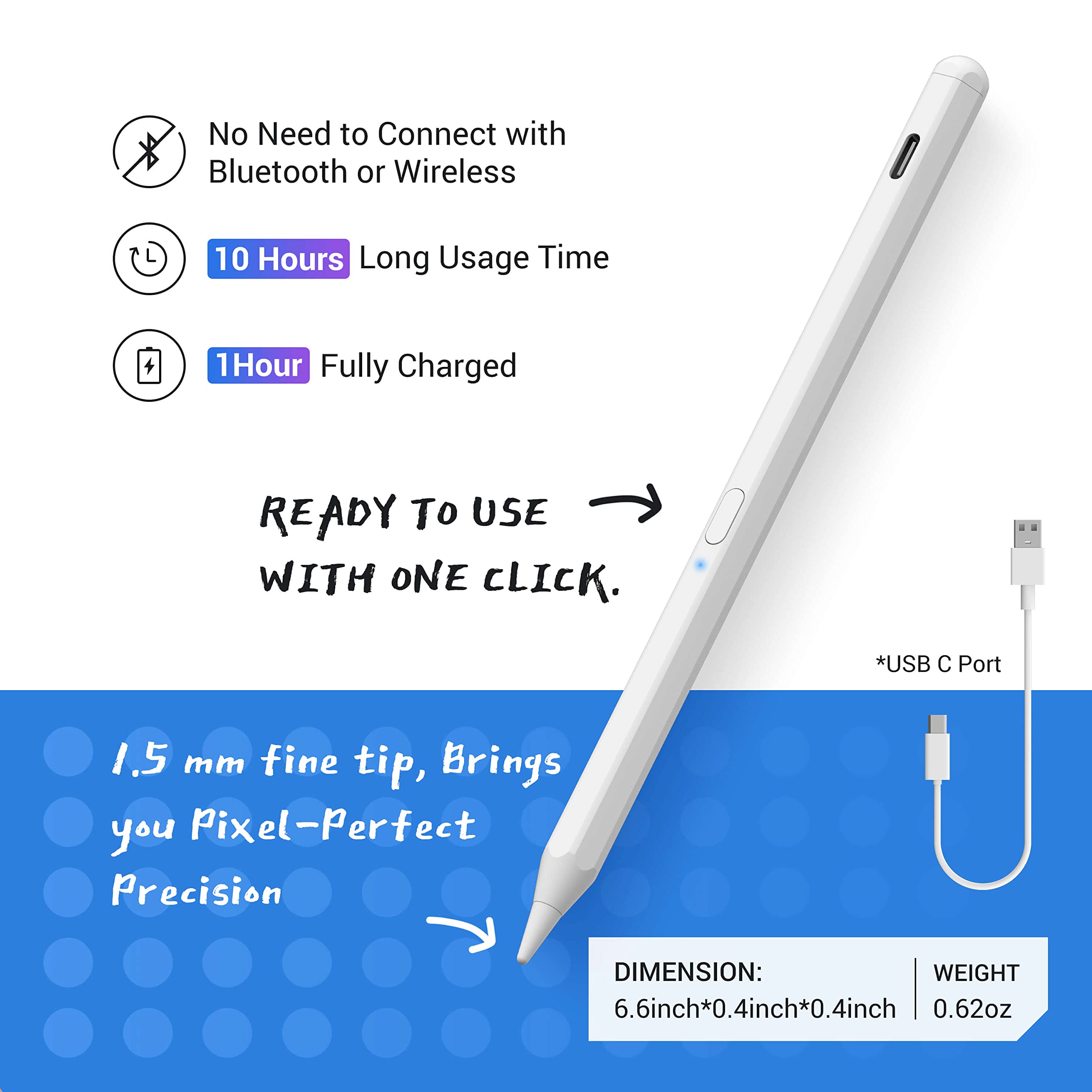 Stylus Pen for Apple iPad(2018-2023),With Tilt Sensitivity & Palm Rejection & Magnetic,Compatible iPad Pro 11/12.9(3/4/5th)/Air 3-4-5/Mini 5-6/iPad 6/7/8/9/10th Generation,Writing/Drawing Pencil