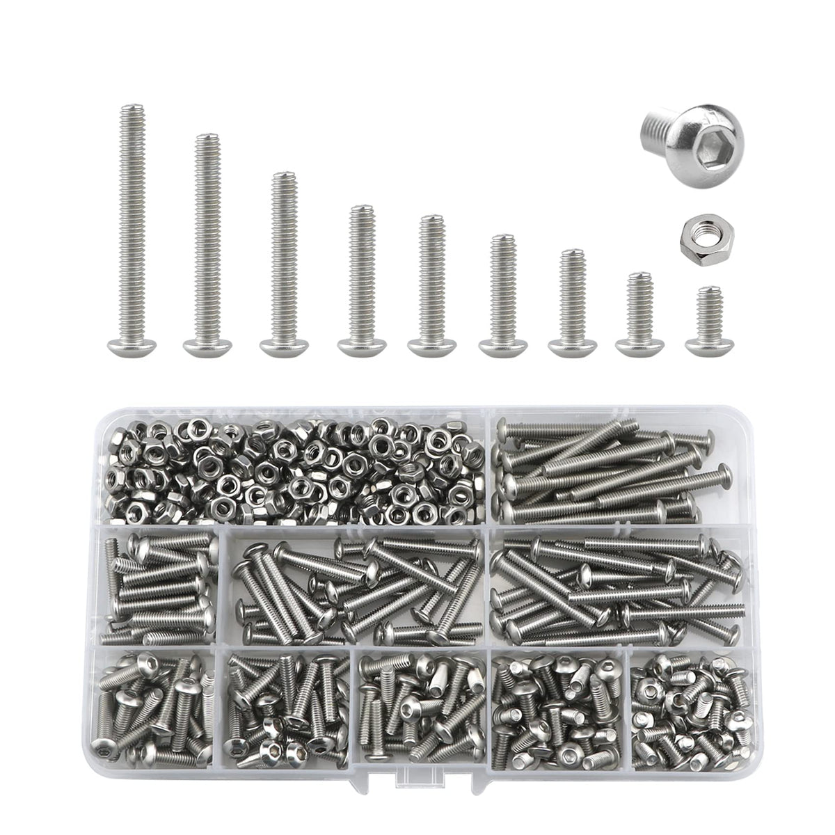 Bolts And Nuts Set, Hex Head M4 Stainless Steel Machine Screws And Round Head Hexagon Socket Bolts Assortment(8/10/14/16/18/20/25/30/35mm) (M4, Silver)