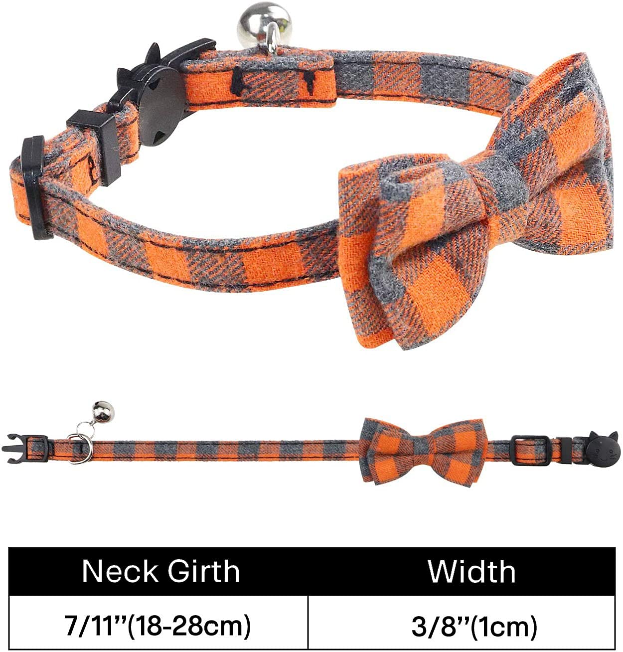 Cat Collar with Bell and Bow Tie, Quick Release Safety Buckle Collars for Kitten and Cats, Soft Tartan Design (Orange)