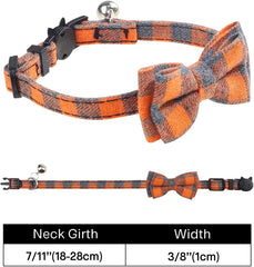 Cat Collar with Bell and Bow Tie, Quick Release Safety Buckle Collars for Kitten and Cats, Soft Tartan Design (Orange)