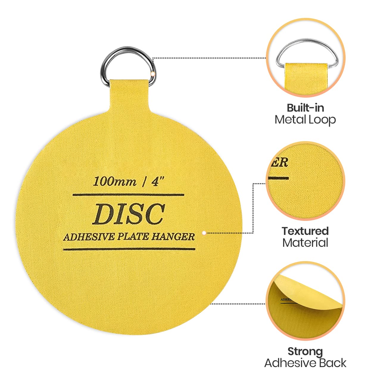 WINSOME Disc Plate Hangers for Walls - Strong Invisible Plate Holder Self Adhesive Stick On Hooks Picture Hanging Wall Plate Holder - Plate Hanging Disk, 100mm / 4'' (Pack of 5), Yellow