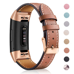 Mornex Strap Compatible Fitbit Charge 3 Strap/Charge 3 SE Leather Band, Classic Adjustable Replacement Wristband Fitness Accessories Metal Connectors,Rose Gold-Brown