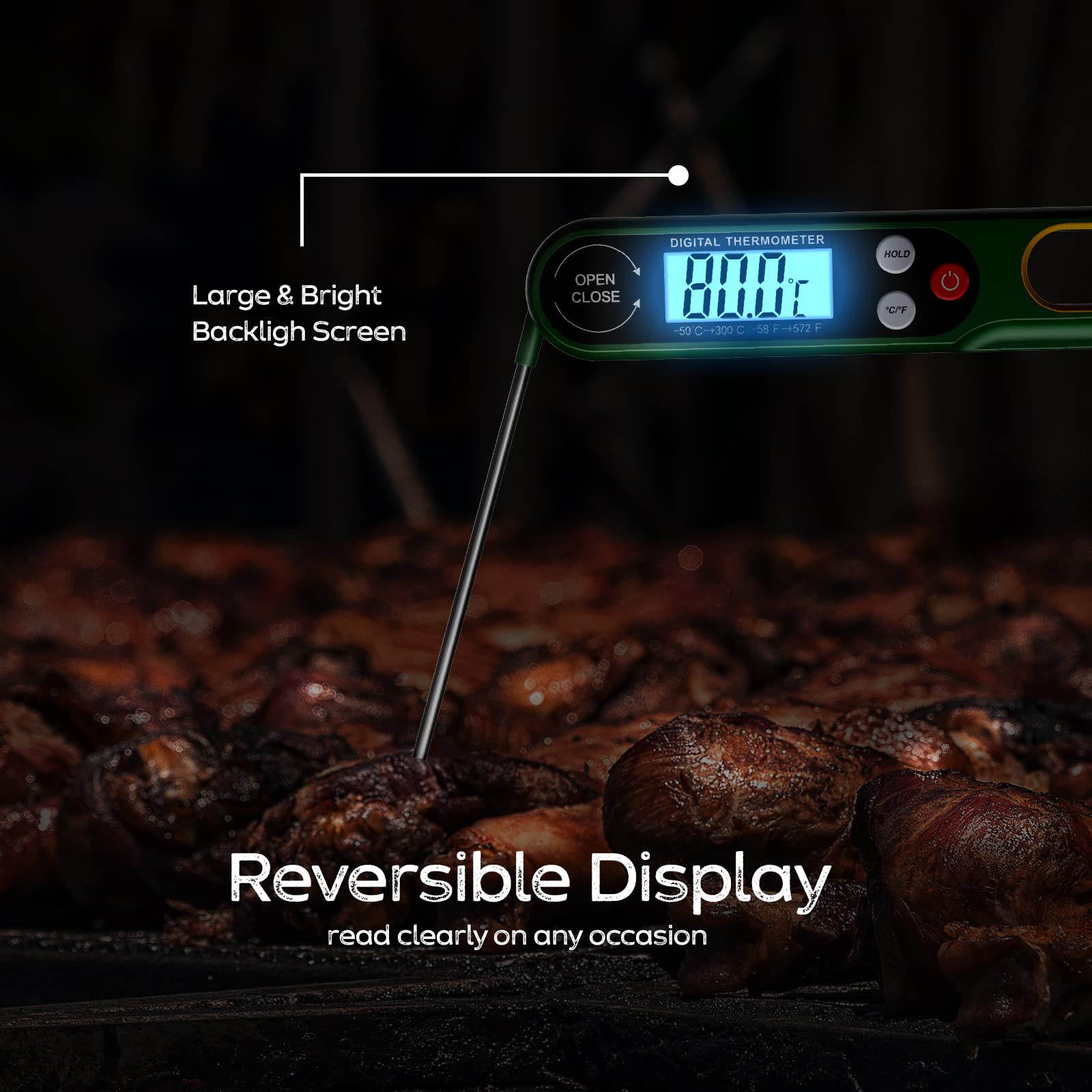 Digital Meat Thermometers for Air Fryers Cooking, Food Thermometer Instant Read BBQ Cooking Thermometer with Foldable Long Probe and Backlight Screen Magnetic Back for Kitchen,Milk(Battery Included)