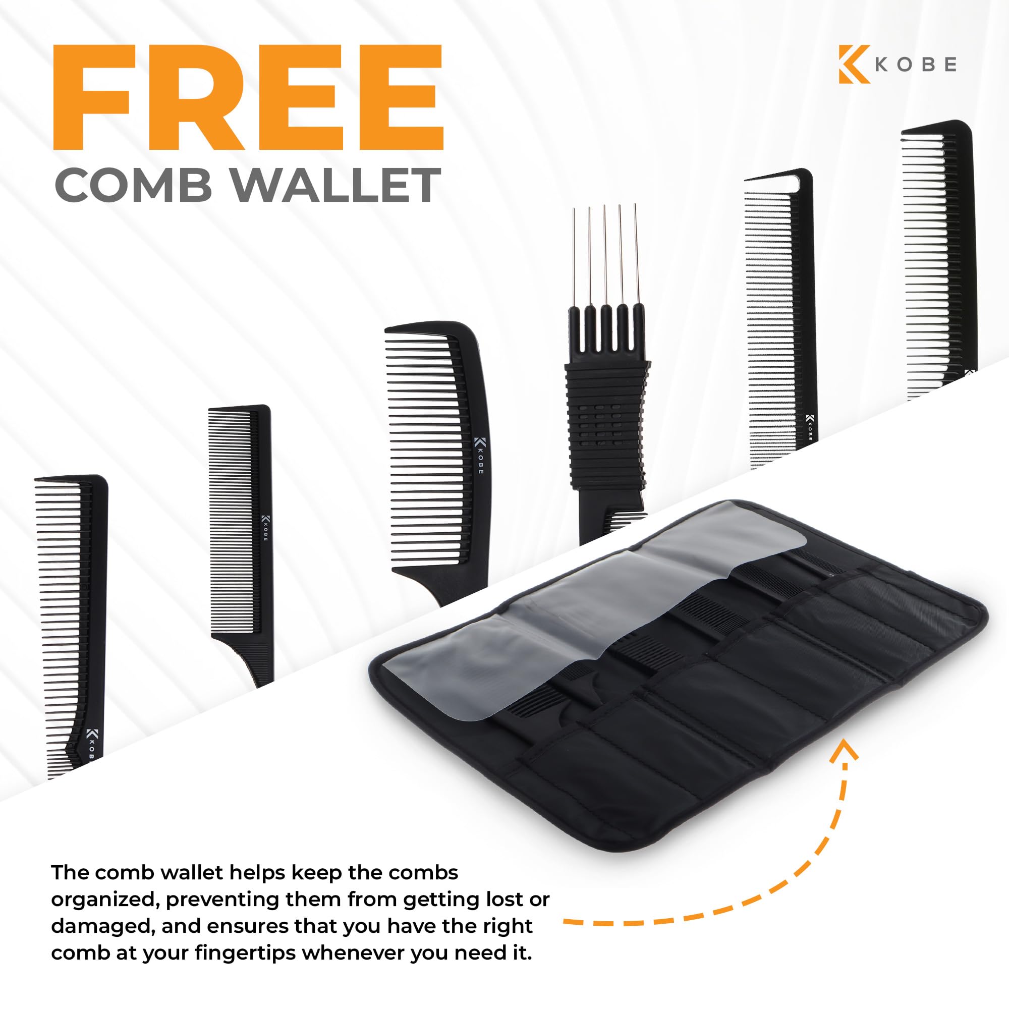 Kobe Professional Hairdresser's Set of 6 Carbon Fibre Combs in Comb Wallet - Highly Durable Combs that Resist Heat & Chemicals & are Anti-Static