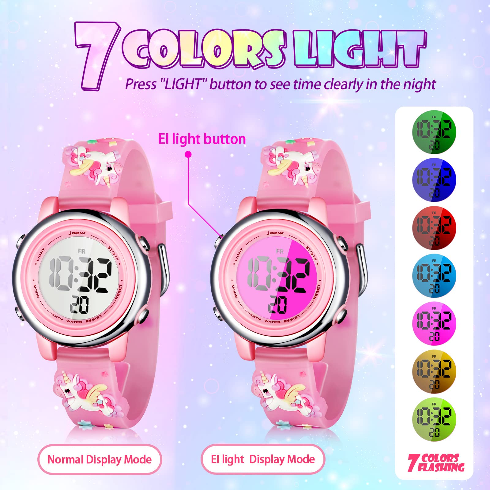 3 Pieces Kids Unicorn Watch and Unicorn Bracelet Waterproof Toddler Digital Watch Light Watch with Alarm Stopwatch Unicorn Easter Children's Day Gift for 3-10 Year Girls(Lovely Style)