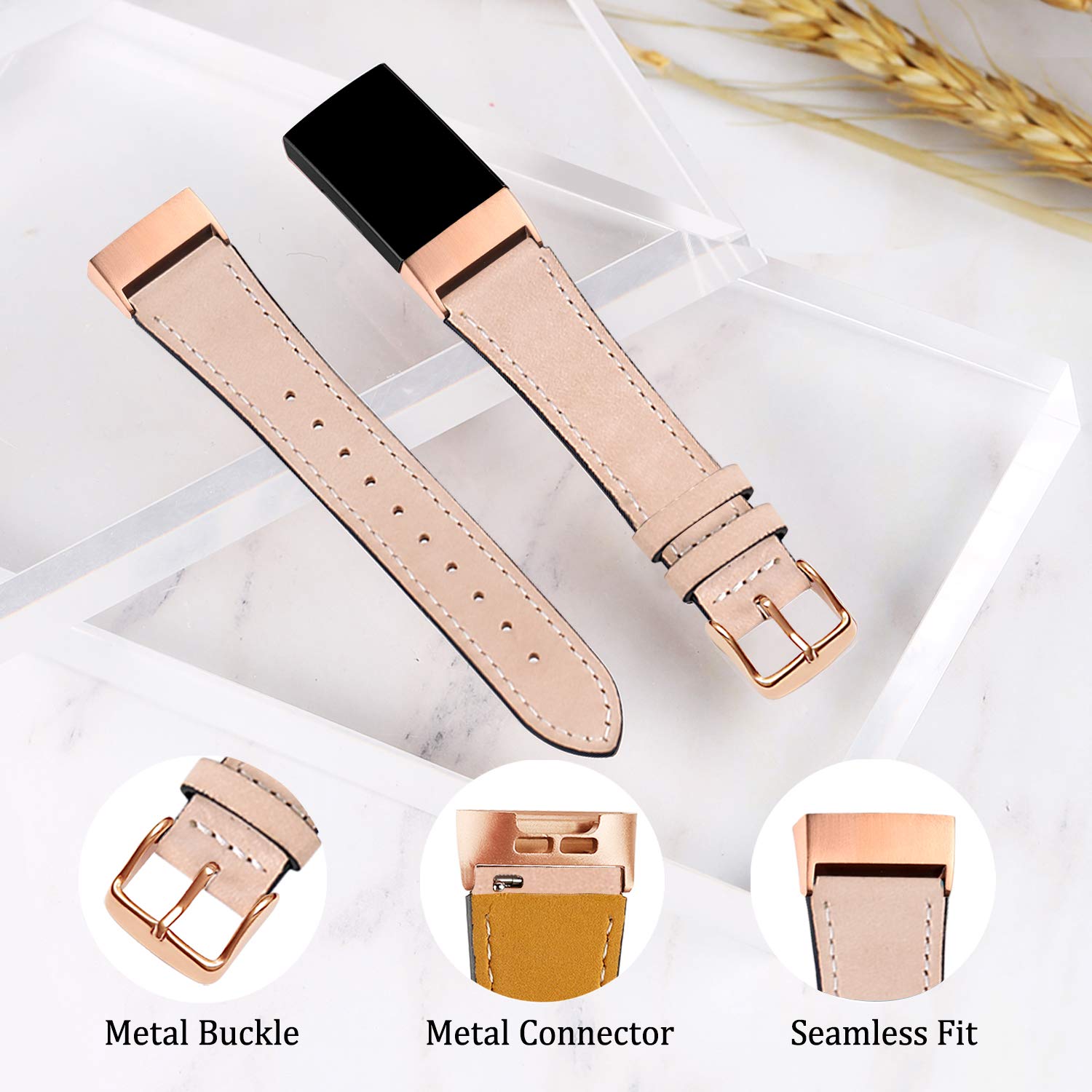 Mornex Strap Compatible Fitbit Charge 3 Strap/Charge 3 SE Leather Band, Classic Adjustable Replacement Wristband Fitness Accessories Metal Connectors,Rose Gold-Beige