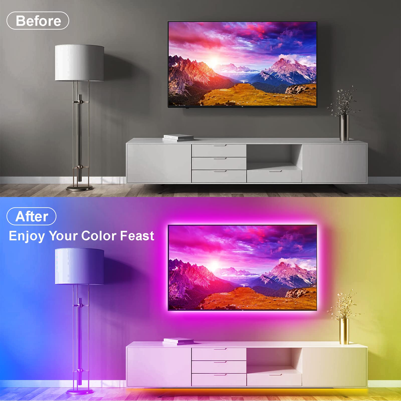 PSTAR LED Lights for TV, 2M LED TV Backlights TV Lights That Sync with TV, USB Powered RGB TV Led Light Strip, Music Sync Bluetooth APP Control for 28-55 inch TV/Monitor Behind Lighting