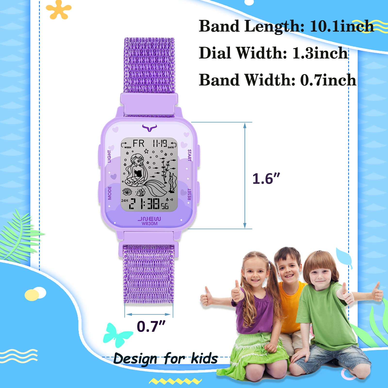 Venhoo Kids Watch for Girls Outdoor Sport Woven Nylon Strap 7 Colorful LED Electrical Wrist Watches with Alarm Luminous Stopwatch for Little Girls Child-Purple Mermaid