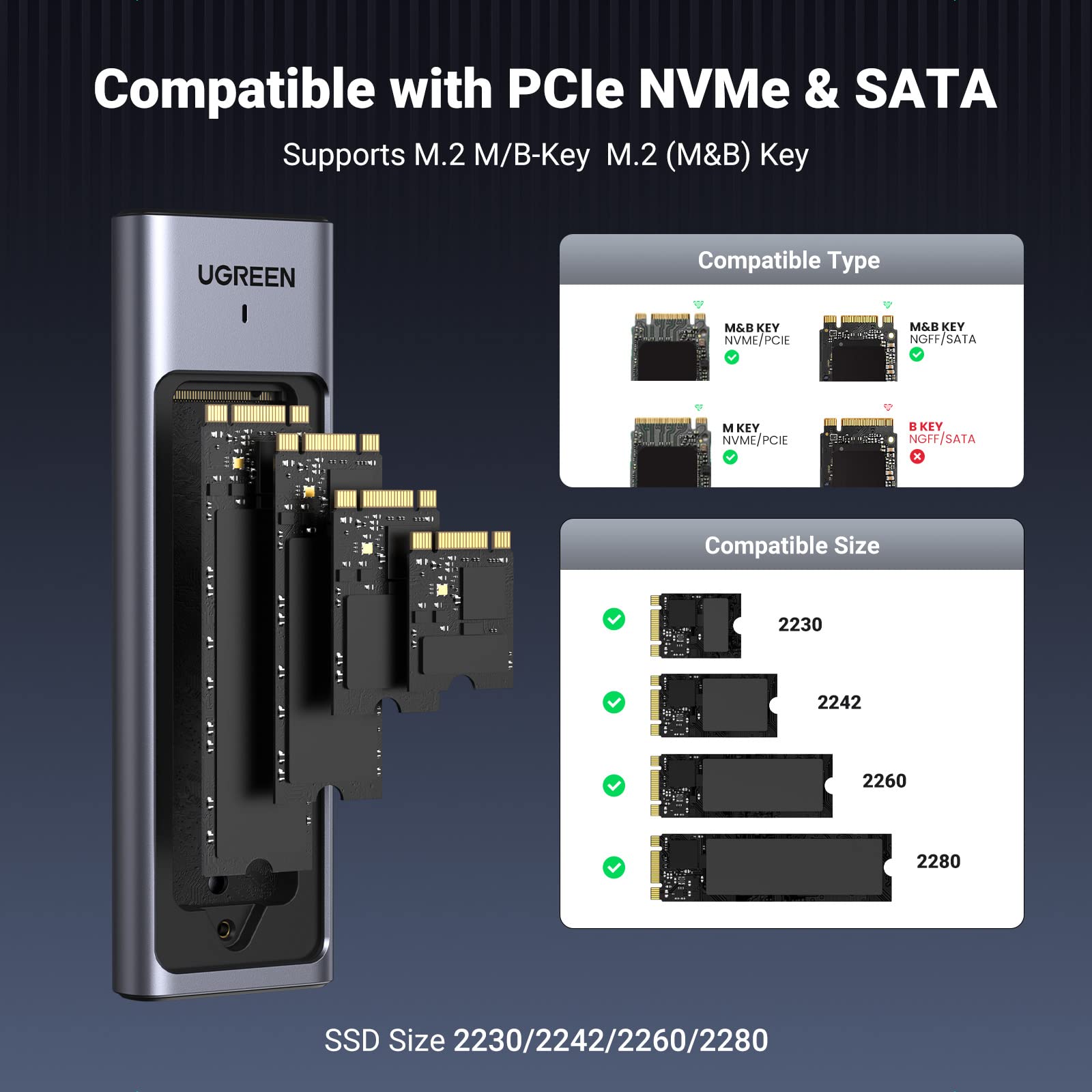 UGREEN M.2 NVME and SATA SSD Enclosure, [2023 UPGRADE] 10Gbps Heat Dissipation M2 PCIe and SATA External Hard Drive Enclosure with Silicone Case, M2 NVMe Caddy for M-Key/BandM Key in 2280/2242/2230/2260