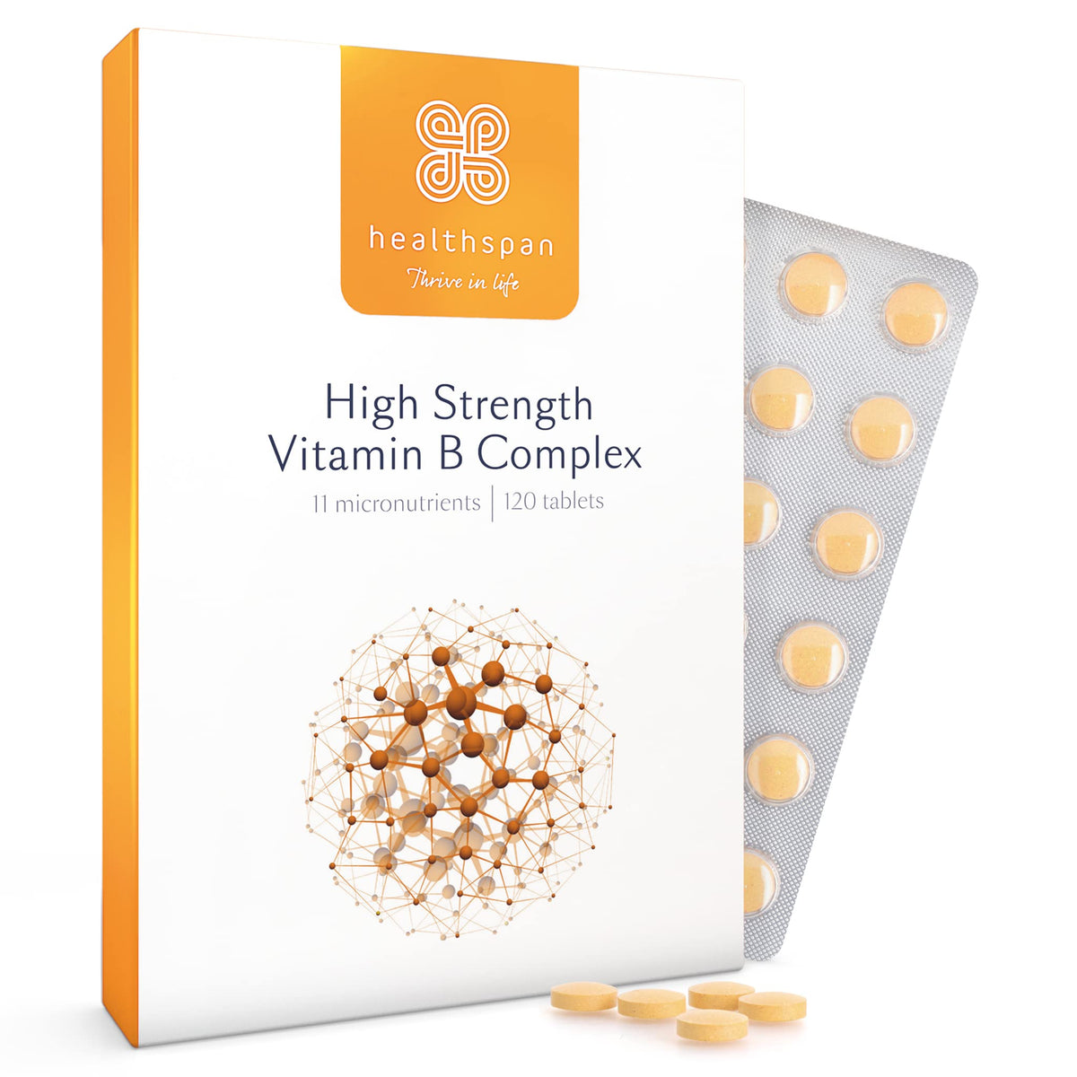 Healthspan High Strength Vitamin B Complex (120 Tablets)   High Levels of All 8 B-Complex Vitamins   Supports Brain & Heart Health   Immune Health   Reduces Tiredness & Fatigue   with Choline   Vegan