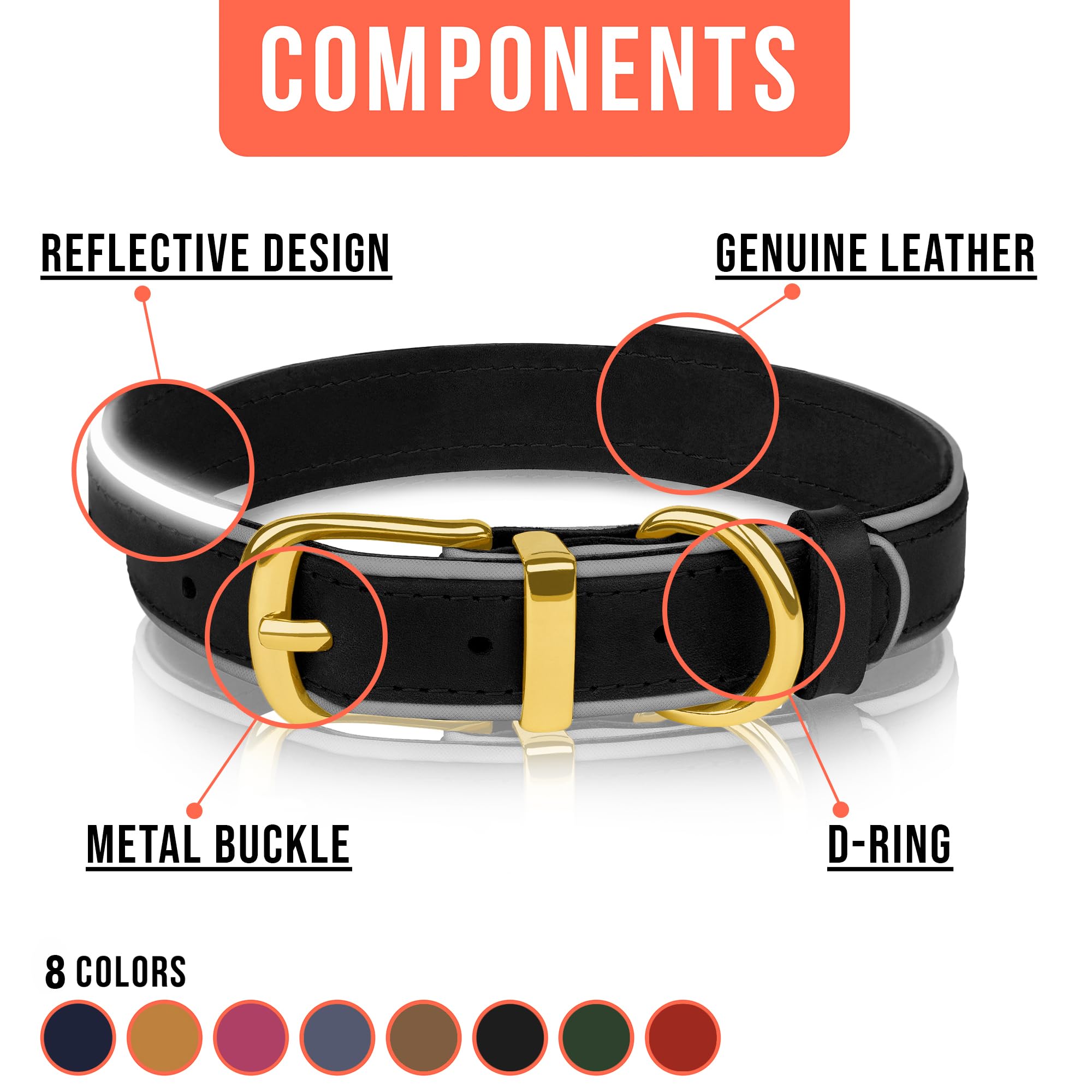 OOPSDOGGY Reflective Geniune Leather Dog Collar Soft Padded Collars for Small Medium Large Breed Dogs Puppy, 4 Sizes, 8 Colors (Black, 12 inches-15 inches)