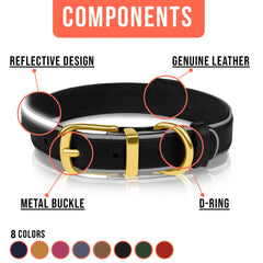 OOPSDOGGY Reflective Geniune Leather Dog Collar Soft Padded Collars for Small Medium Large Breed Dogs Puppy, 4 Sizes, 8 Colors (Black, 12 inches-15 inches)