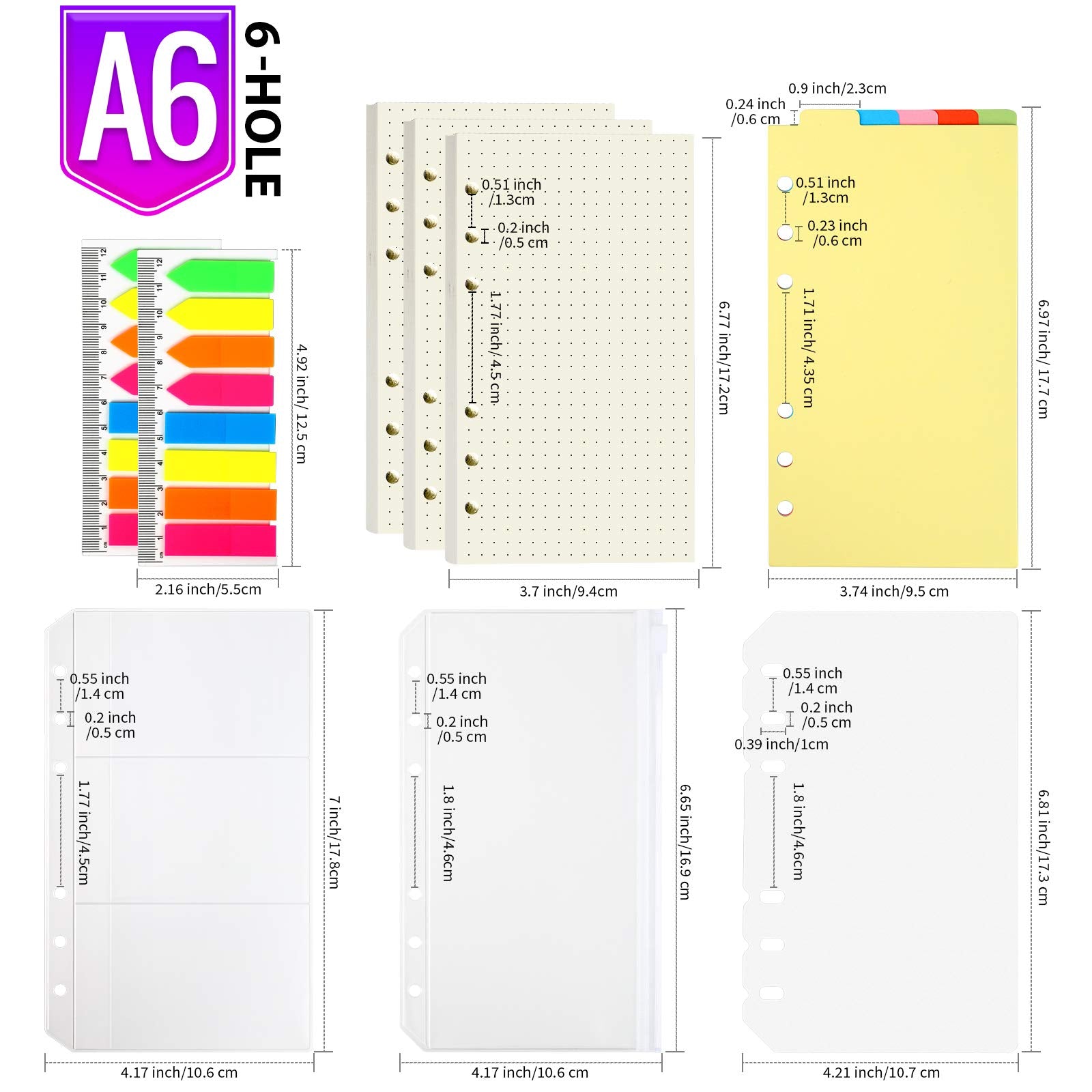 LEOBRO A6 Refill Paper, 3 Pack Ruled Dotted Paper Personal Organiser, 6PCS Binder Dividers, 160PCS Index Flags, 2PCS Binder Pockets, 6 Hole Loose Leaf Paper for 6 Ring A6 Personal Binder Notebook