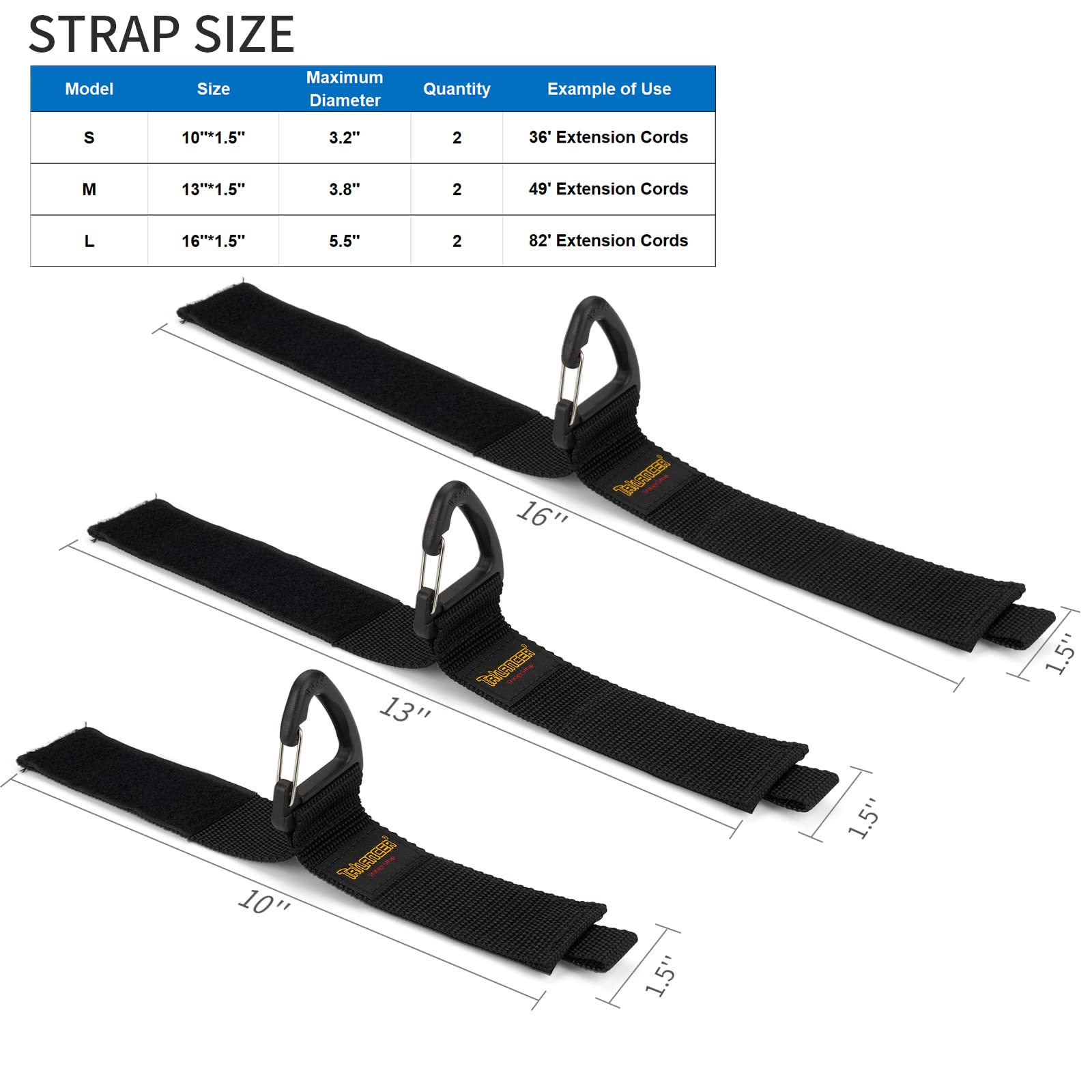 Trilancer Hook-and-Loop Storage Straps with Triangular Buckle to Hang on Walls for Cables, Wires, Rope, Hoses, Organization for Home, Garage or Workshop（2*S，2*M，2*L）