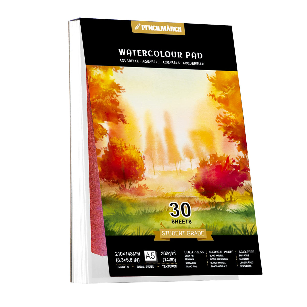 PENCILMARCH Watercolour Paper A5 Pad, 30 Sheets Water Colour Paper 300gsm Watercolour Sketchbook for Artist and Beginners Painting, Drawing and Sketching