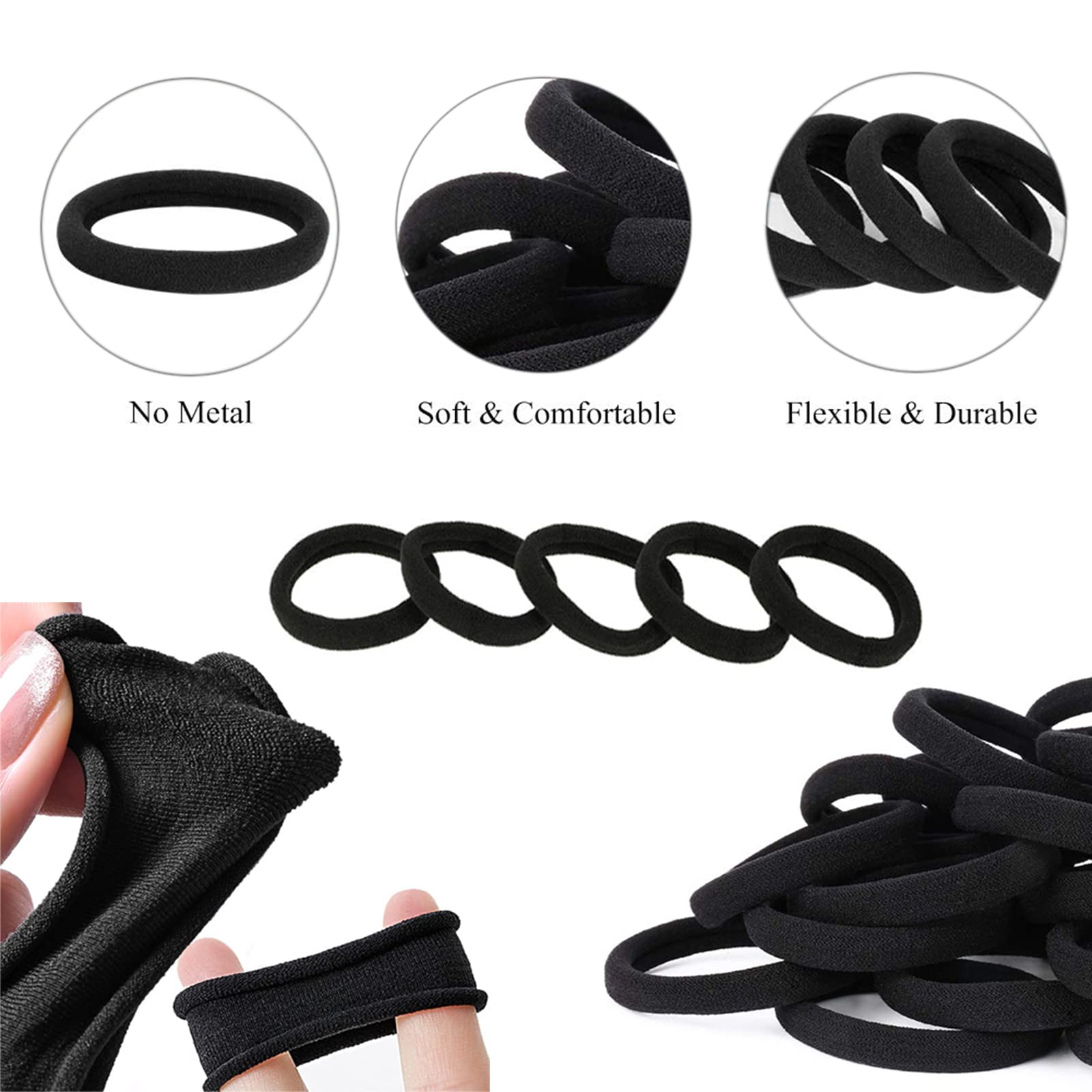 ILamourCar Hair Bobbles for Women, 50 Pcs Soft Hair Ties No Damage, Seamless Hair Bands for Thick Curly Hair (Black)