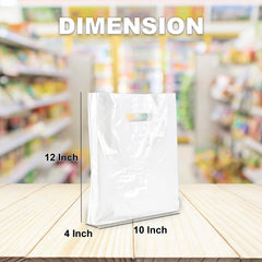 JeeJaan® 50 Pcs of White Plastic Carrier Bags 10 inchesx12 inchesand4 inches - Strong Patch Handle Bags Ideal for Boutiques Clothes, Jewellery, Gifts, Retail and Shopping