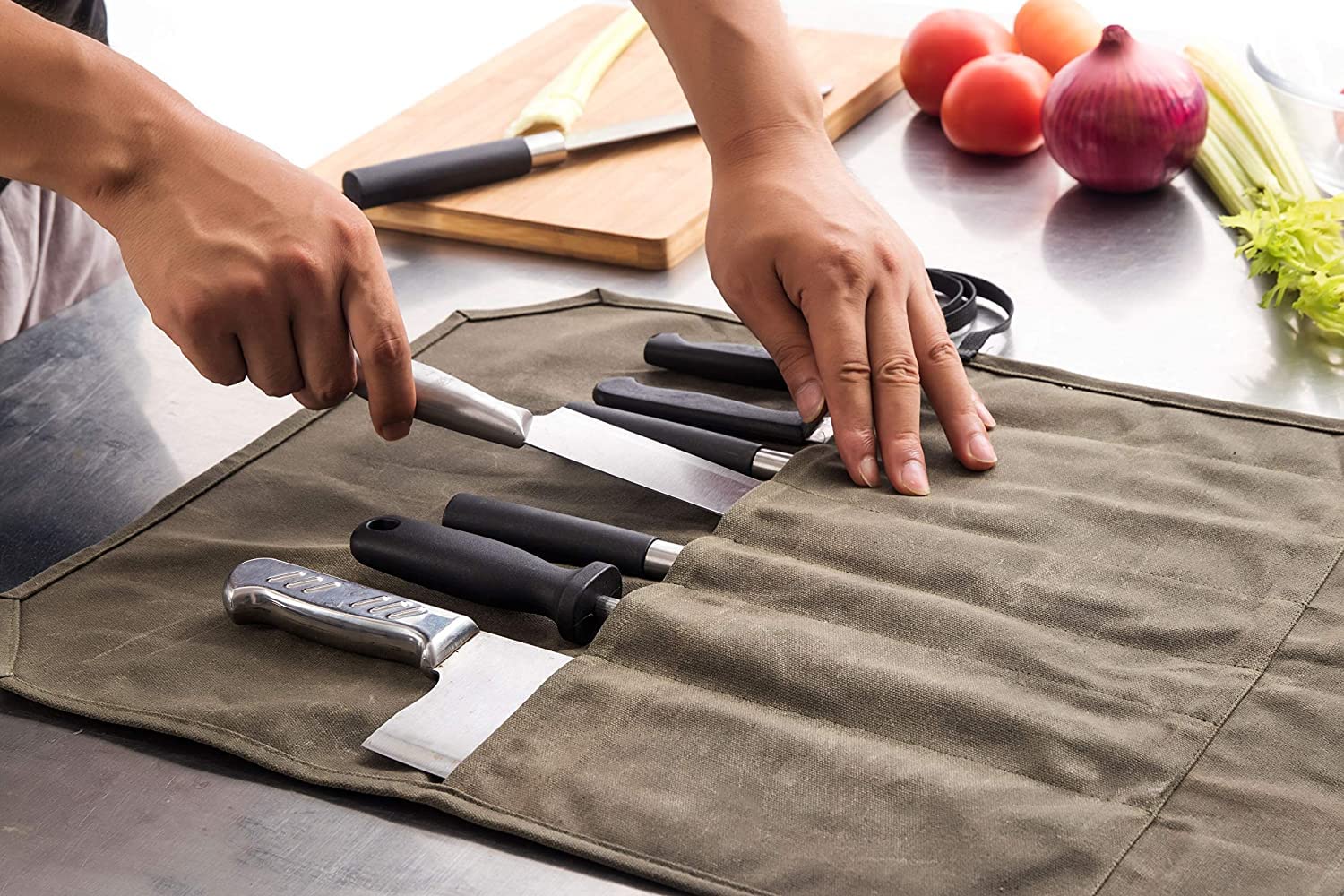 YISNTF Chefs Knife Roll Bag,12OZ Waxed Canvas Knife Bag,Knife Case Storage, 7 Slots Knife Wallet Cutlery Tool Roll Case Bag with Wrap,Gifts for Pro Chefs or Culinary Enthusiasts,Gifts for Men