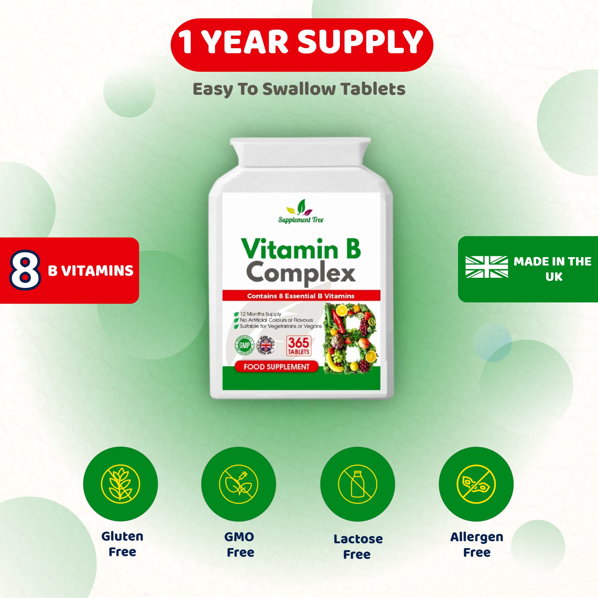 Vitamin B Complex 365 Tablets - with B1, B2, B3, B5, B6, B12, Biotin, Folic Acid - UK Manufactured