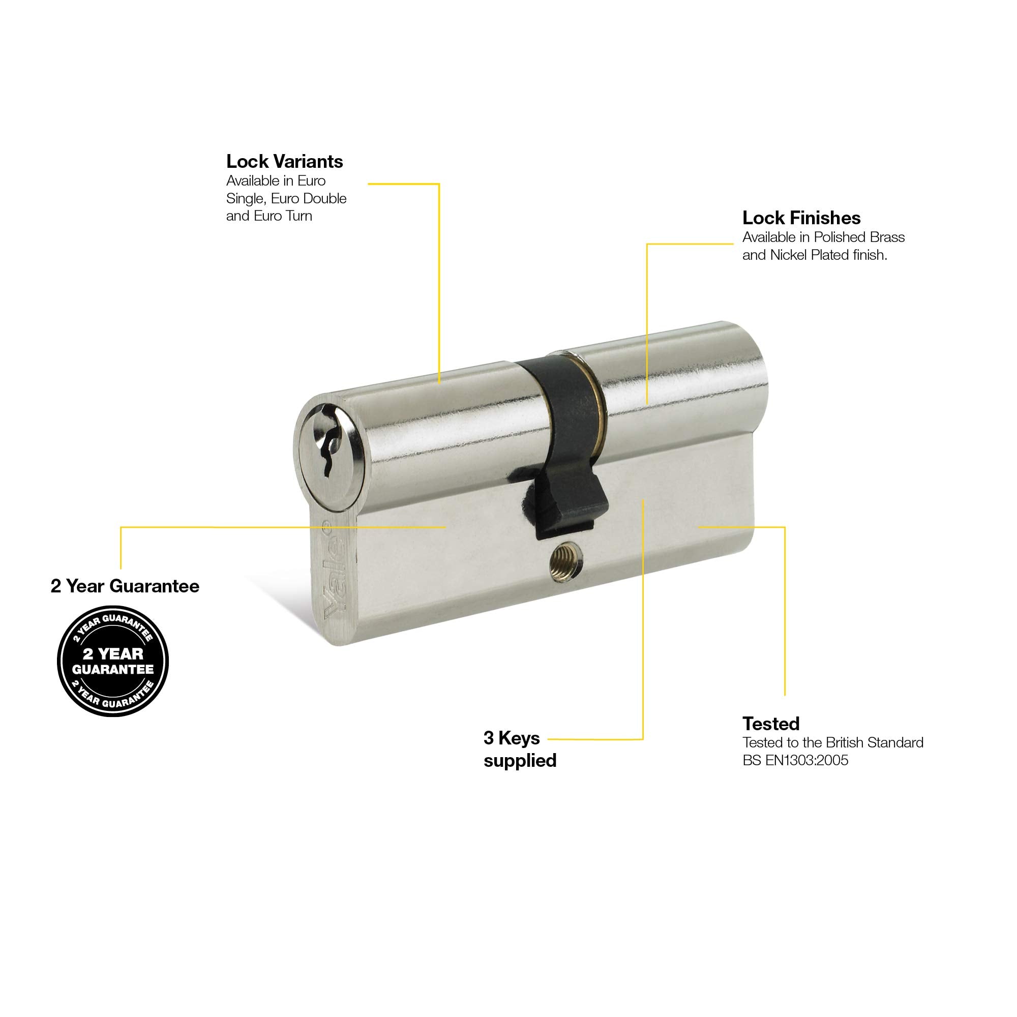 Yale B-ED4550-SNP - Euro Cylinder Lock - 45/50 (105mm) / 45:10:50 - Nickel Finish - Standard Security - Polybag