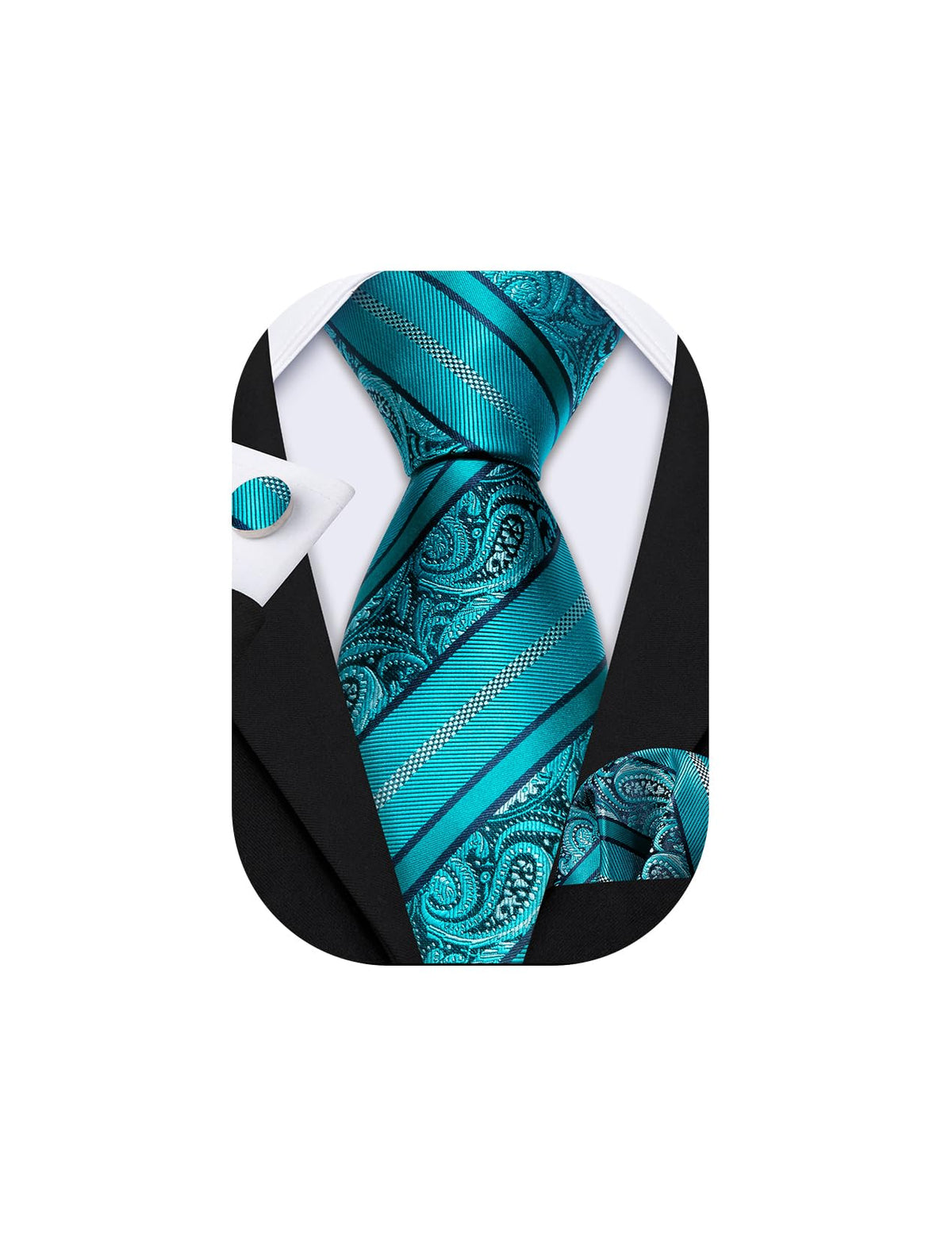 Barry.Wang Men Tie Set Paisley Handkerchief Cuff links Teal Blue