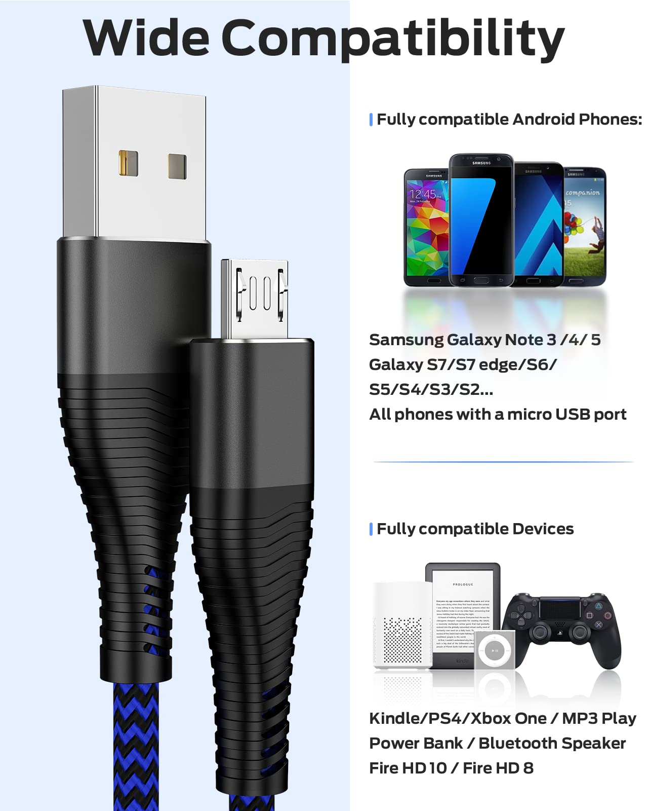 HUNYYN Micro USB Cable 3M 3Pack, Long Android Charging Cable, Nylon Braided Micro USB Charger Lead for PS4/PS4 Pro /PS4 Slim Controllers, Samsung Galaxy S6/S7, Kindle Fire, Xbox One and More