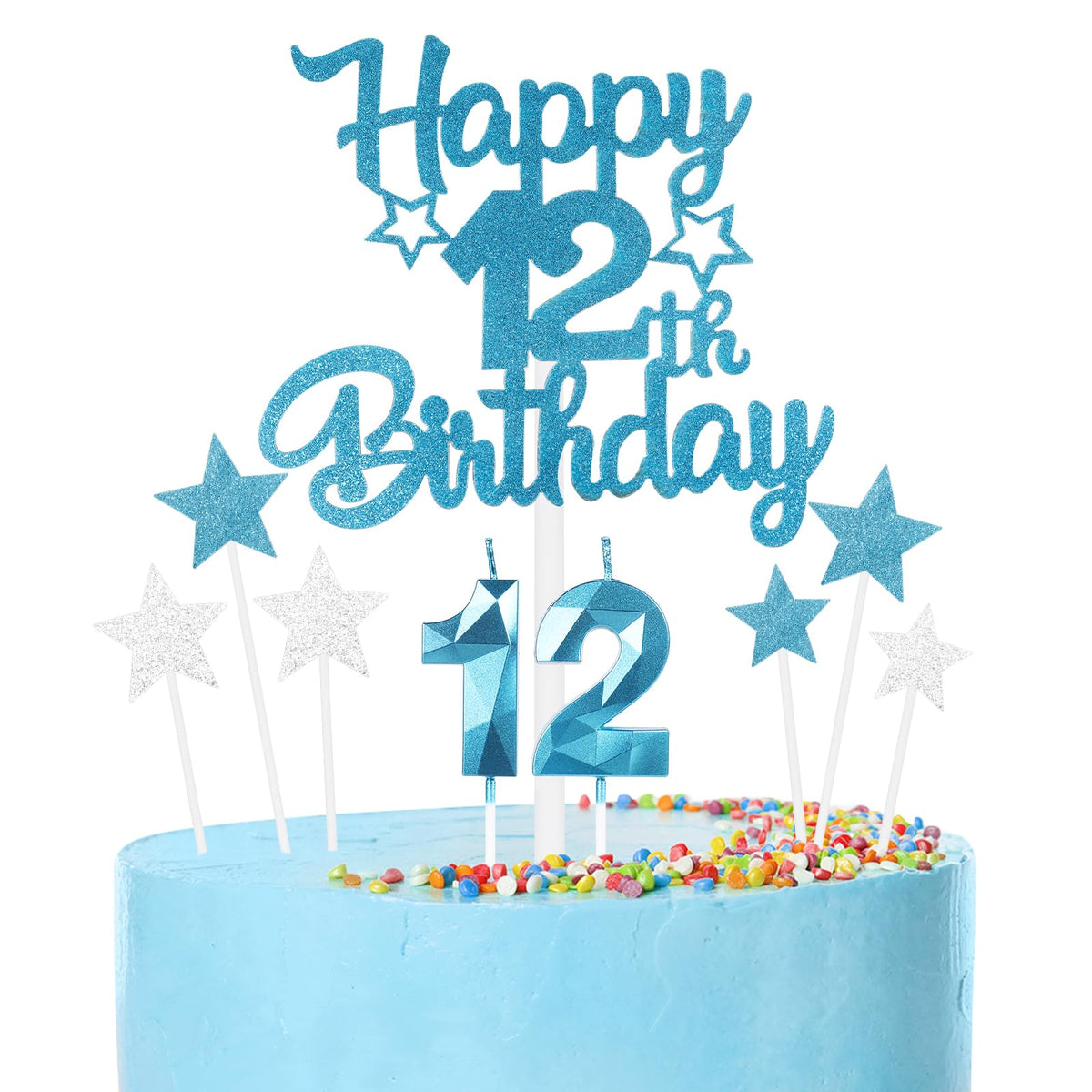 mciskin Happy 12th Birthday Candles Cake Toppers Set, Blue Number 12 Candle for Birthday Cake, Birthday Candles Cake Toppers for Girls Boys Birthday Decorations, Blue Silver Star Cake Cupcake Toppers