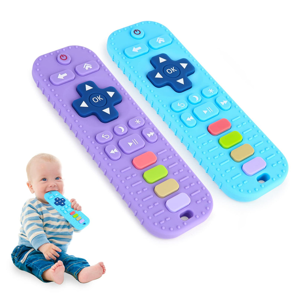 Hooku 2 Pack Remote Teether for Baby, Silicone Teethers for Babies 6-12 Months, Baby Teething Toys for Babies 0-6 Months, Sensory Toys for Babies, Toddler Infant Newborn Toys Baby Gifts for Boys Girls