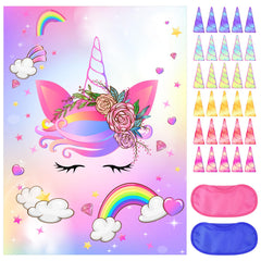 NEBURORA Pin The Horn on The Unicorn with 30 PCS Horns Unicorn Birthday Party Supplies for Girls Birthday Party Game for Kids