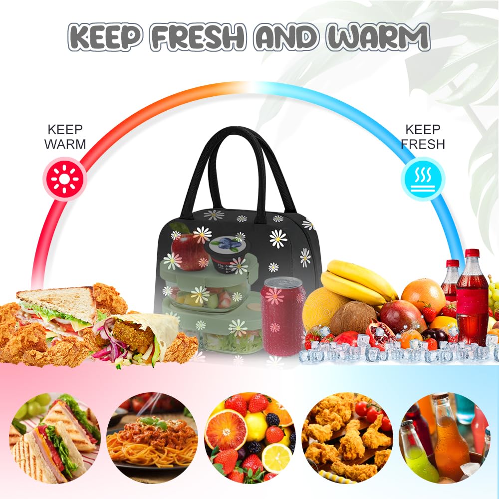 TIECHI Insulated Lunch Bags Small for Women Work School Kids Students Packed Lunch Sandwich Food Cold Bag Tote Cool Bag Reusable Foil Fabric Picnic Lunch Box Organizer (Black)