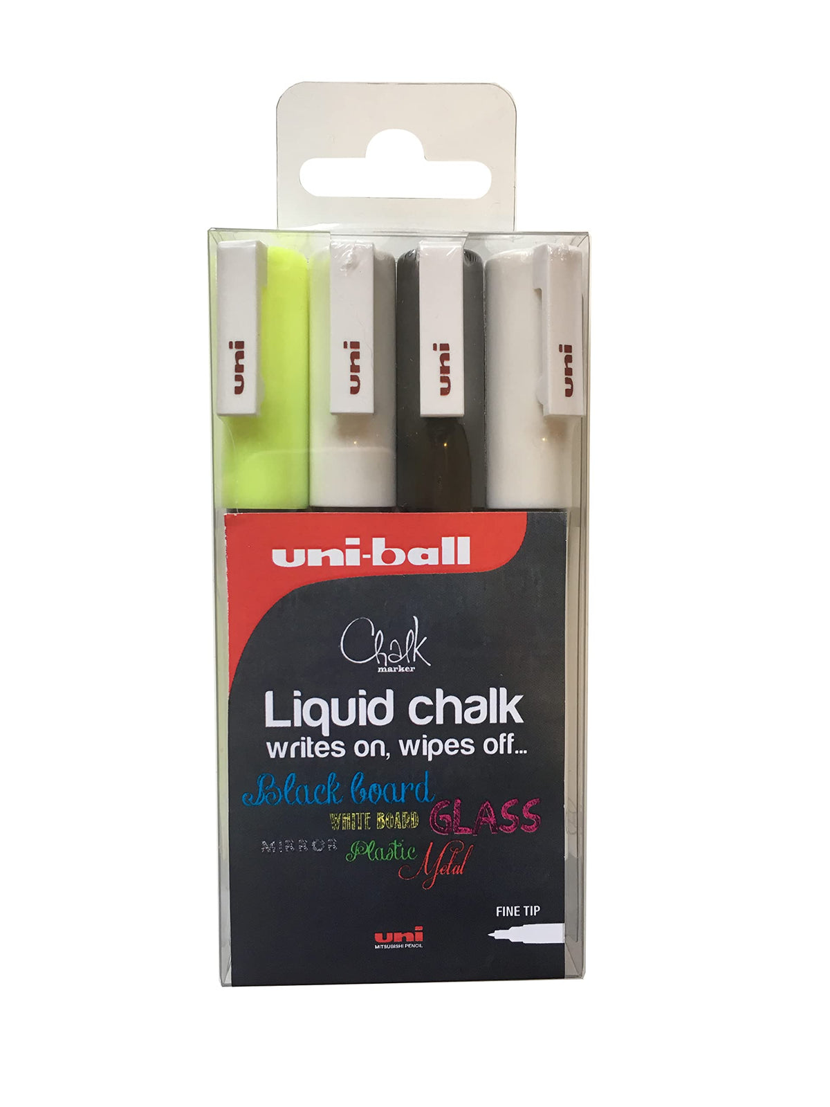 uni-ball PWE-3MS Liquid Chalk Pens. Multi-Purpose Wipeable Coloured Markers for Blackboards, Chalkboards, Whiteboards, Glass, Mirrors, Plastic, Windows, Metal. Safe for Kids. Bullet Tip. 4 Pack