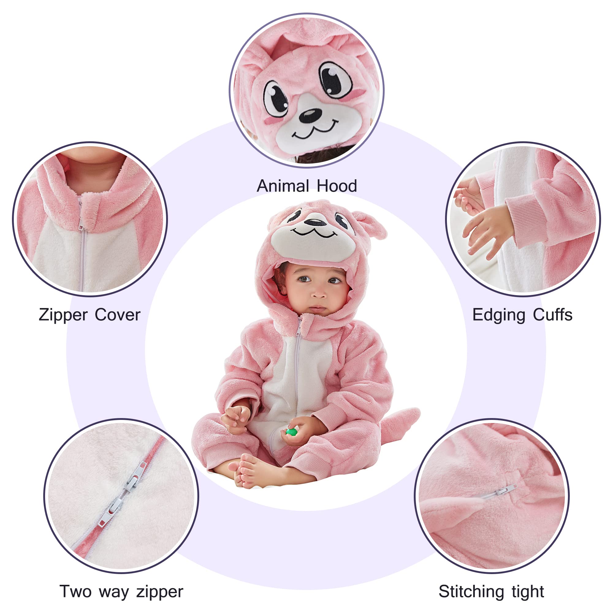 COOKY.D Newborn Baby Animal Hooded Zipper Romper 2-6 Months Long Sleeve Pink Flannel Warm Outfits