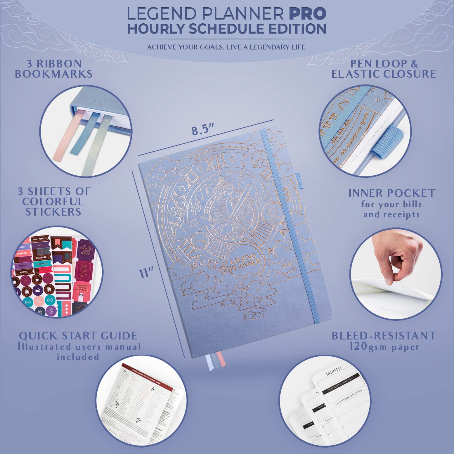 Legend Planner PRO Hourly Schedule - Weekly & Daily Organizer with Time Slots. Appointment Book Journal for Work & Personal, A4 (Periwinkle)