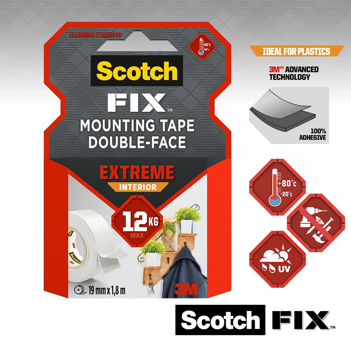 Scotch-Fix Extreme Interior Mounting Tape PGS05-1918-P, 19mmx1,8m, 1 roll/pack (Packaging May Vary), Grey