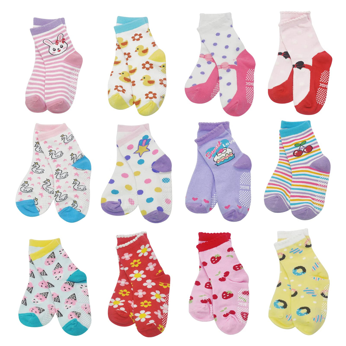 HYCLES Toddler Boy Girl Socks Non Skid 12 Pairs Infant Baby Grips Socks Anti Skid Cotton Cute Strawberry Kid Socks , 3-5 Years, Flower Style(12 Pairs)