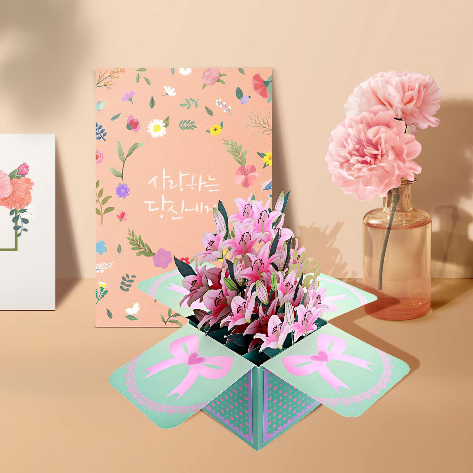 Prasacco 3D Lily Bouquet Pop Up Cards Paper Flower Bouquet Teacher Appreciation Cards Thank You Card with Note Card Envelopes Greeting Cards for Women Mom Wife